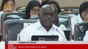 Tangkapan foto Natalius Pigai Menteri HAM di Raker bersama DPR RI (Sumber: DPR RI)