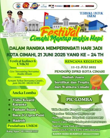 Yayasan Bhineka Cipta Gumilang bakal menggelar Festival Cimahi MANTAP Makin HEPI, 11-13 Juli 2025.