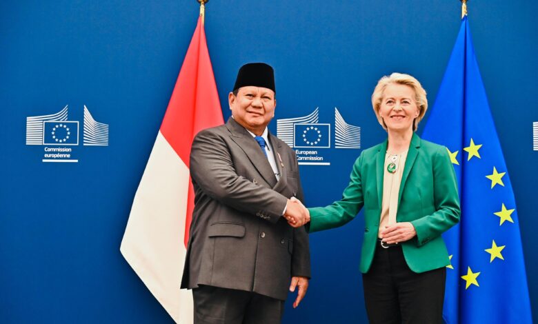 Tangkapan foto Presiden Prabowo Subianto melakukan hubungan bilateral dengan Uni Eropa. (Sumber: Dok. Setneg)