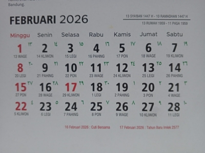 Berikut daftar hari libur dan cuti bersama Februari 2026