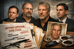 Ilustrasi dokumen perkara Jeffrey Epstein dan tokoh industri kripto global yang disebut dalam berkas pengadilan, menyoroti jejaring sosial dan intelektual di fase awal perkembangan Bitcoin