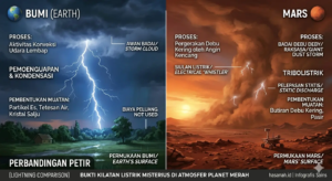 Infografis perbandingan fenomena petir di Bumi dan siulan listrik di planet Mars dalam badai debu raksasa.