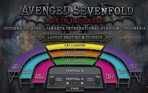 Tata letak area dan kategori tiket untuk konser Avenged Sevenfold di Jakarta International Stadium (JIS) pada 10 Oktober 2026.