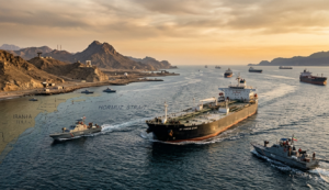 Ilustrasi Selat Hormuz: Kapal tanker minyak melintasi jalur sempit di bawah pengawasan ketat kapal patroli militer Iran di tengah ancaman blokade ekonomi oleh Amerika Serikat.