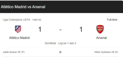 Hasil Imbang Pertandingan UCL Arsenal VS Atletico.Madrid diwarnai Kontroversi Var
