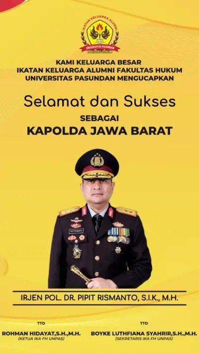 IKA FH Unpas Ucapkan Selamat atas Dilantiknya Irjen Pol. Dr. Pipit Rismanto sebagai Kapolda Jawa Barat