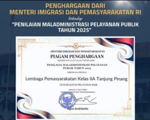 Lapas Kelas IIA Tanjungpinang Raih Penghargaan Pelayanan Publik Terbaik dari Kemenimipas RI