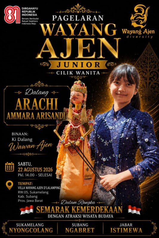 Dalang Cilik Wanita Arachi Ammara Arisandi bersama Satria Wahyuningrat tampil di Parade Dalang Cilik dan Remaja, di Villa wayang ajen d'lalamping, Kabupaten Subang.