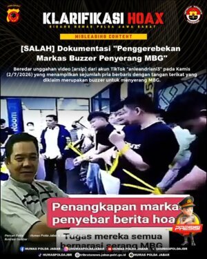 Beredar sebuah video di media sosial yang diklaim memperlihatkan penggerebekan terhadap sekelompok buzzer yang disebut sengaja dibentuk untuk menyerang program Makan Bergizi Gratis (MBG).