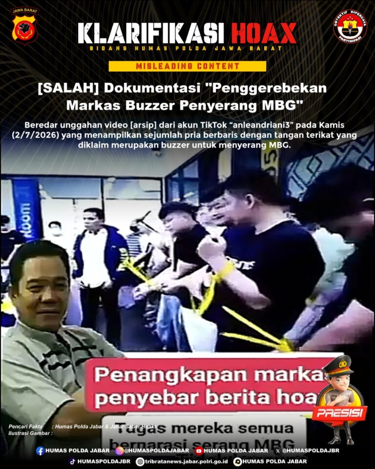 Beredar sebuah video di media sosial yang diklaim memperlihatkan penggerebekan terhadap sekelompok buzzer yang disebut sengaja dibentuk untuk menyerang program Makan Bergizi Gratis (MBG).